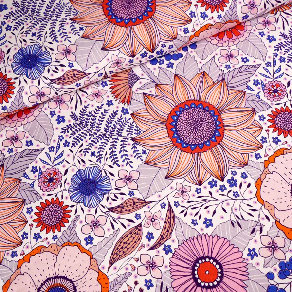 Hovedbilde Økologisk bomulljersey, sommerblomster oransje